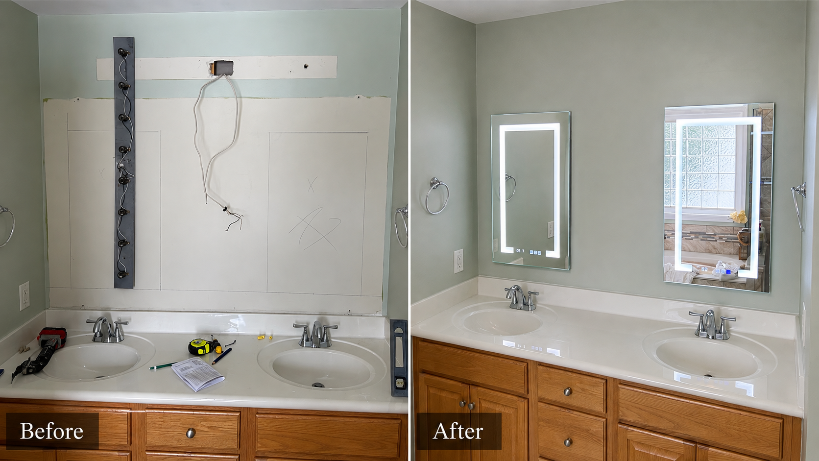 Before-and-after view of two illuminated mirrors installed above a double bathroom vanity.