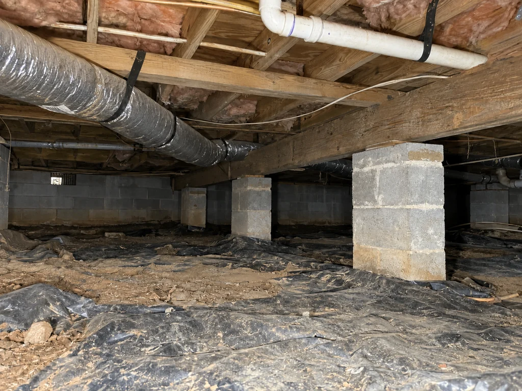 Generated illustration of an unencapsulated crawlspace with exposed soil, deteriorated black ground covering and concrete support piers.