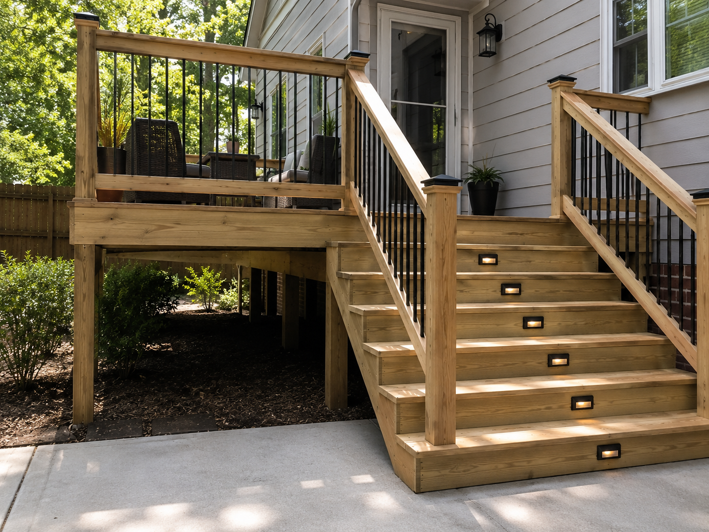 Rebuilt exterior wood deck stairs with new handrails and step lighting