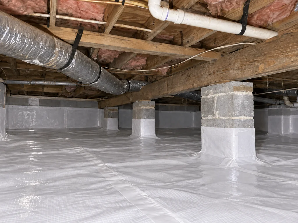 Generated illustration of a crawlspace with a white reinforced liner covering the ground, foundation walls and support piers.
