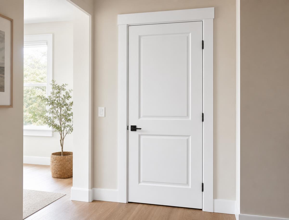 Newly installed white interior door with matching trim and hardware in a residential hallway