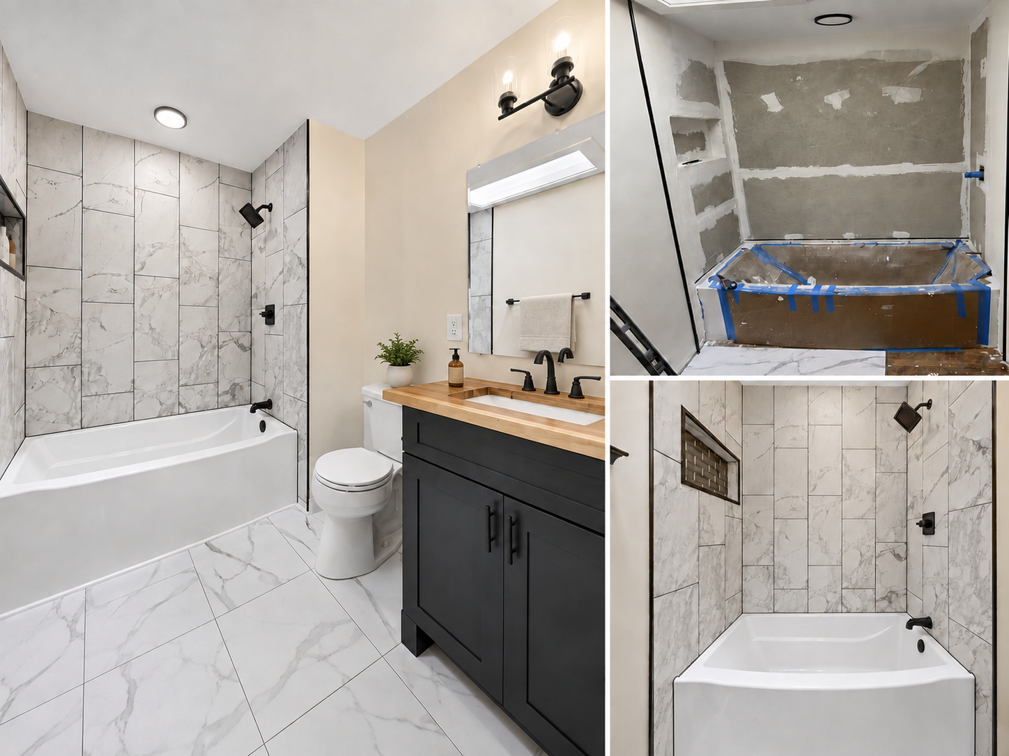 Bathroom update featuring marble-look tile, a custom wood countertop, black fixtures, upgraded lighting and space-efficient toilet placement.