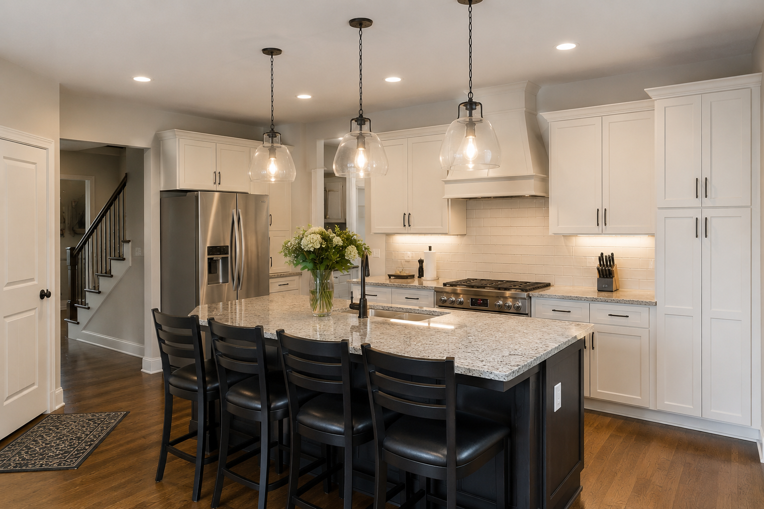 Kitchen island with new pendant lighting installed above it