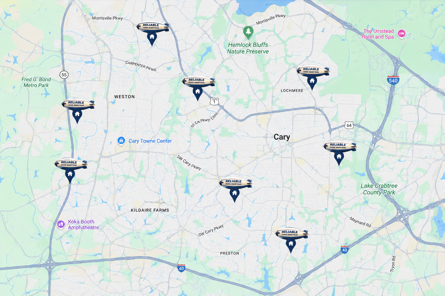 Reliable Home Handyman service area map around Cary, NC