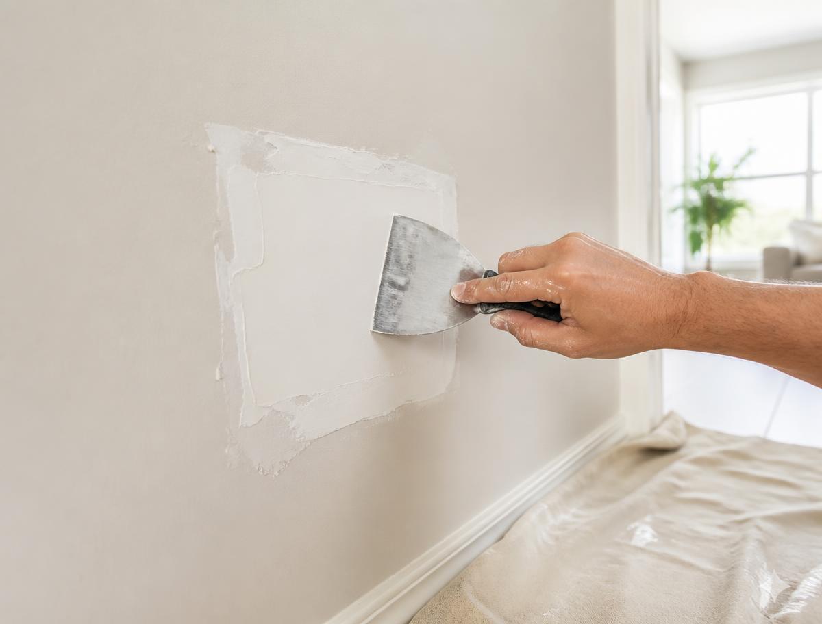 Handyman applying joint compound to a drywall patch on an interior wall