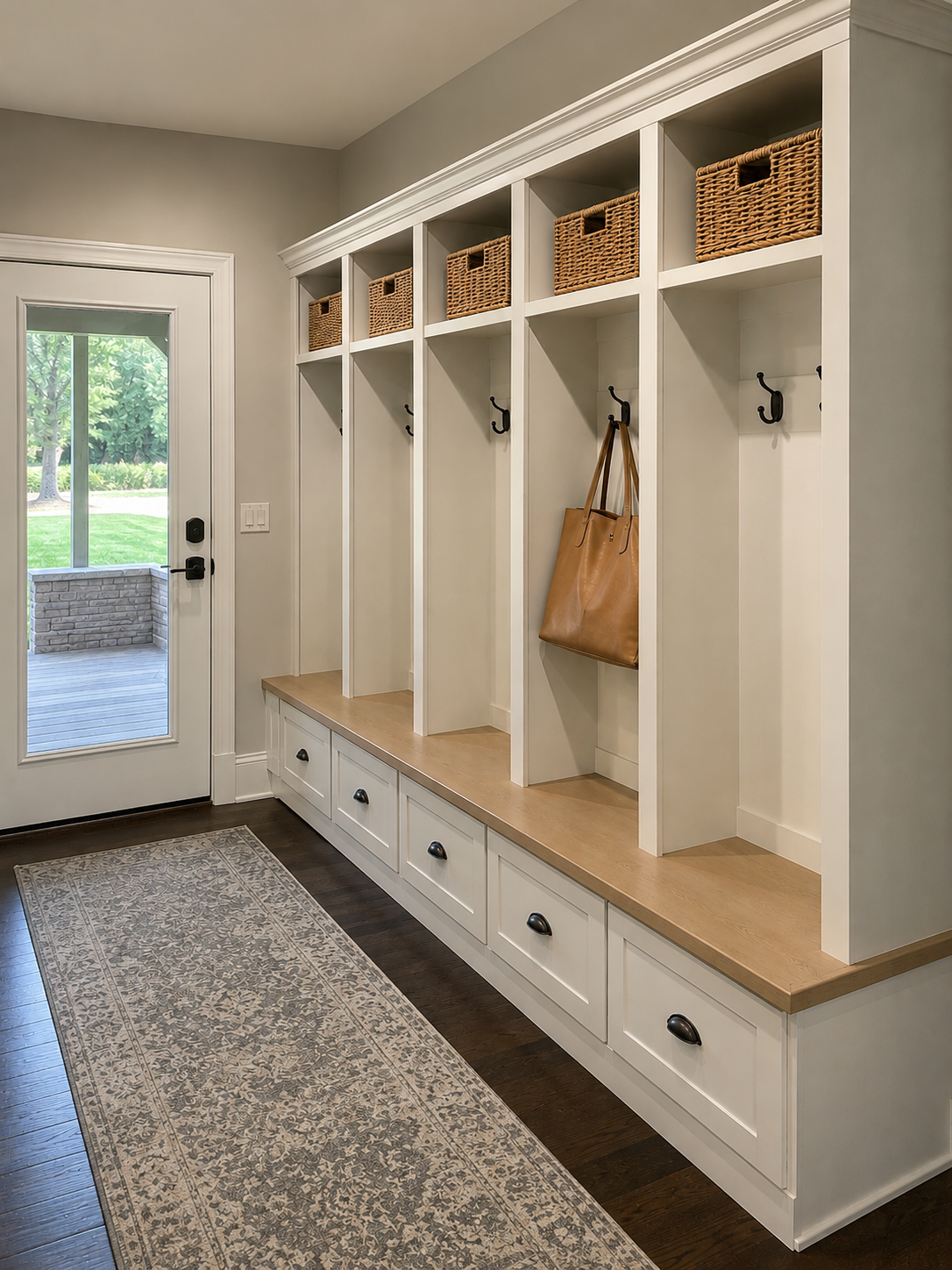 Built-in mudroom bench with hooks and storage shelving