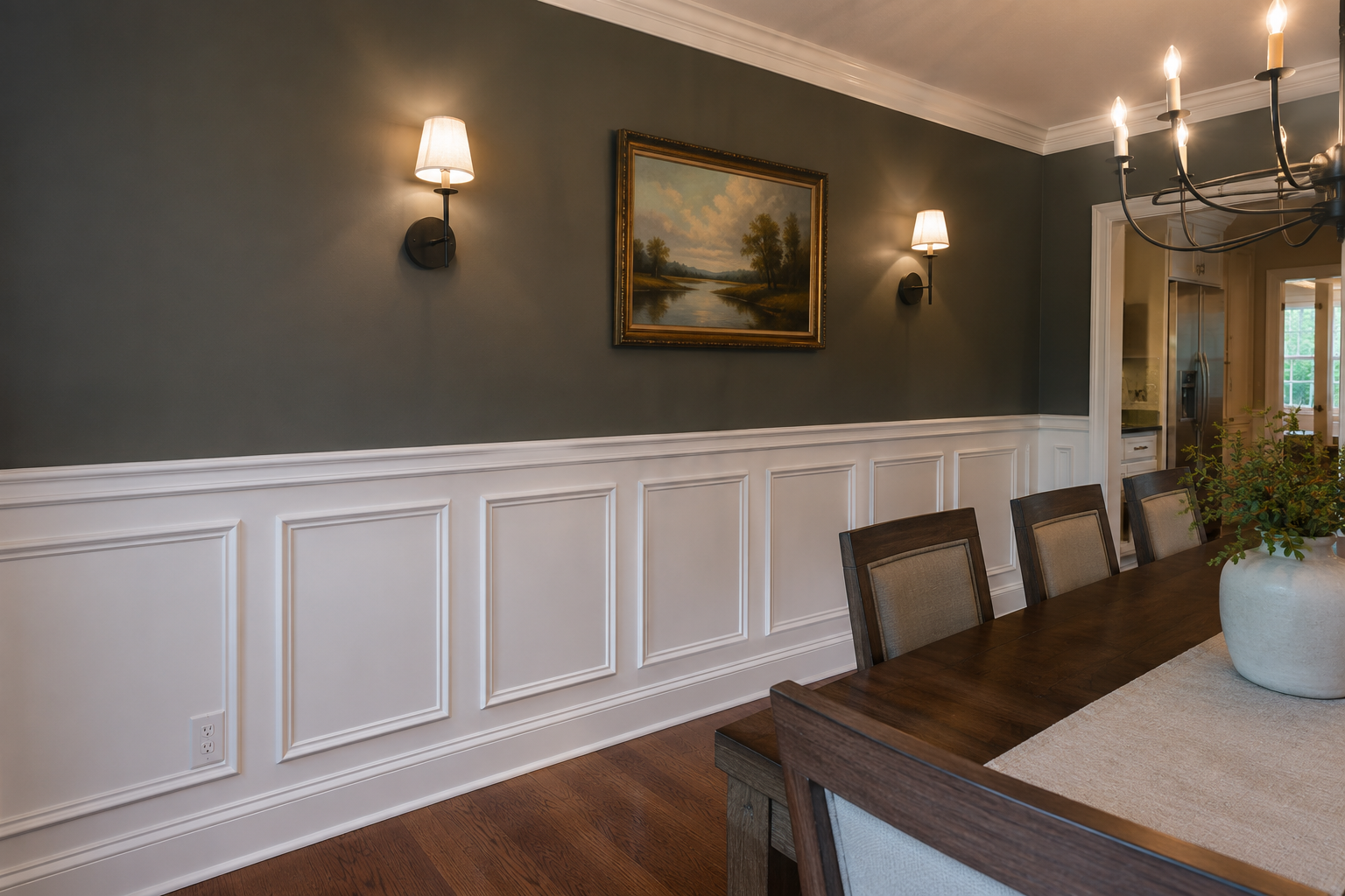 Finished white dining room wainscoting and panel molding below a dark green wall