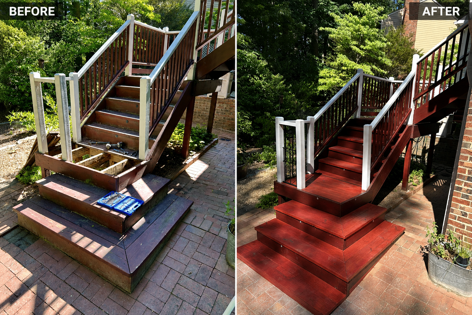 Before-and-after view of repaired and refinished exterior deck stairs with a restored landing and decorative gate.